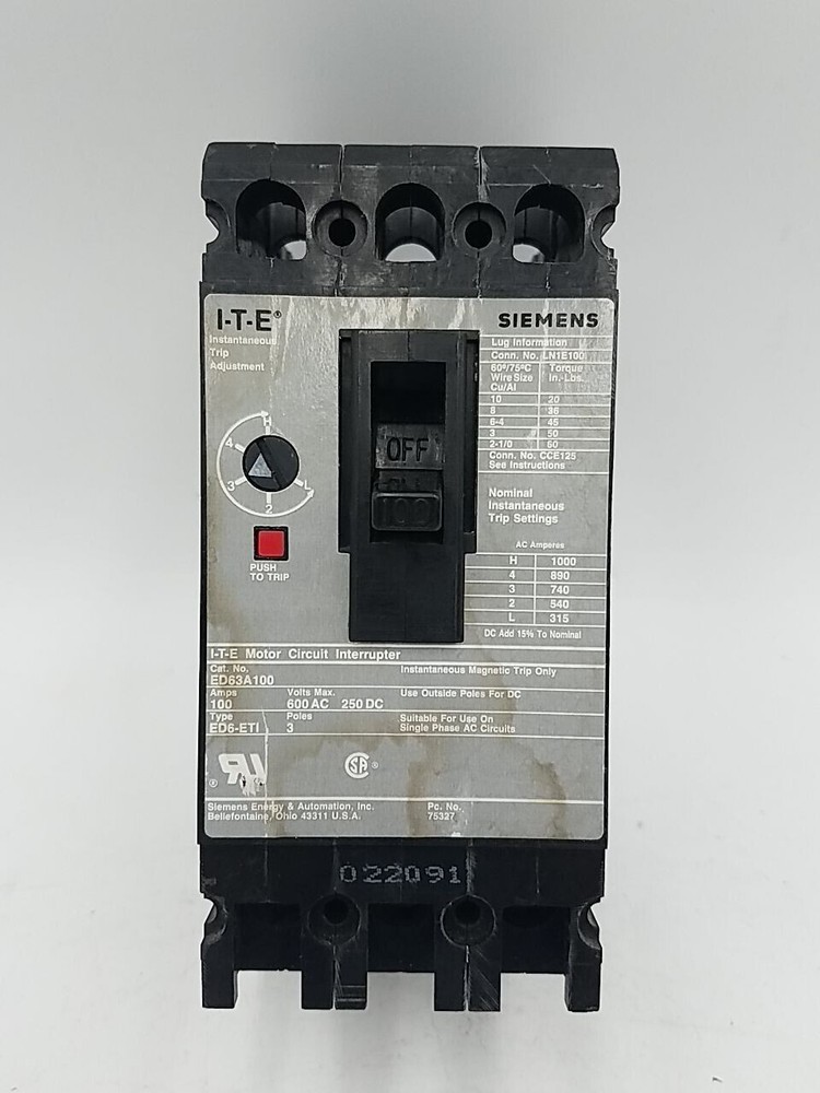 Siemens ED63A100 Circuit Breaker 100A 3P 600V 3PH ED6-ETI 100 Amp 3 Pole Used