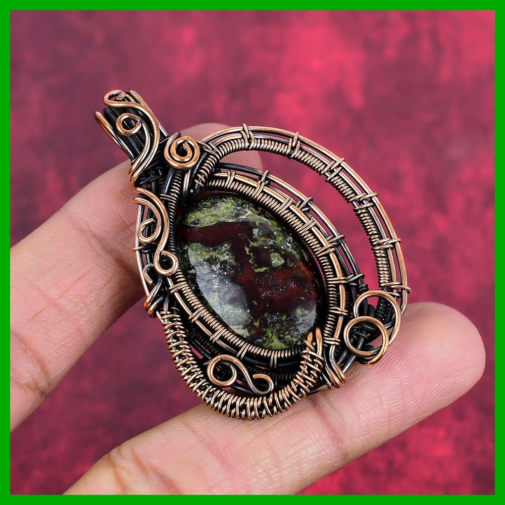 Mothers Day Copper Dragon Bloodstone Wire Wrapped Pendant Gift-image