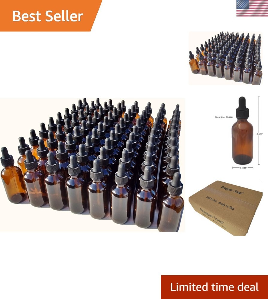 2oz Amber Glass Dropper Bottles 60mL with Tapered Glass Droppers - Pack of 80