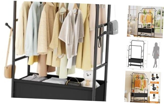 Double Rod Rolling Garment Rack with Storage Box and Wheels-image