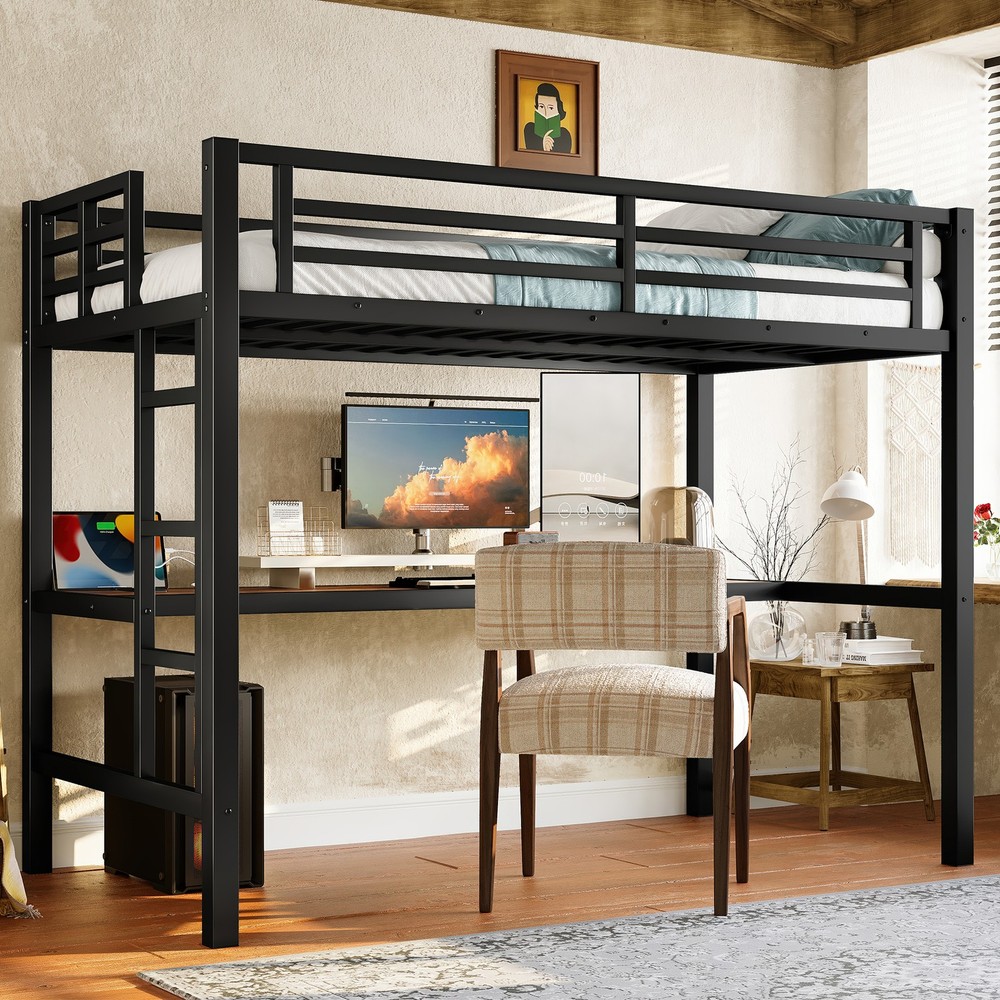 Metal Twin Size Loft Bed with Power Outlet and LED Lighted, Space-Saving Bed
