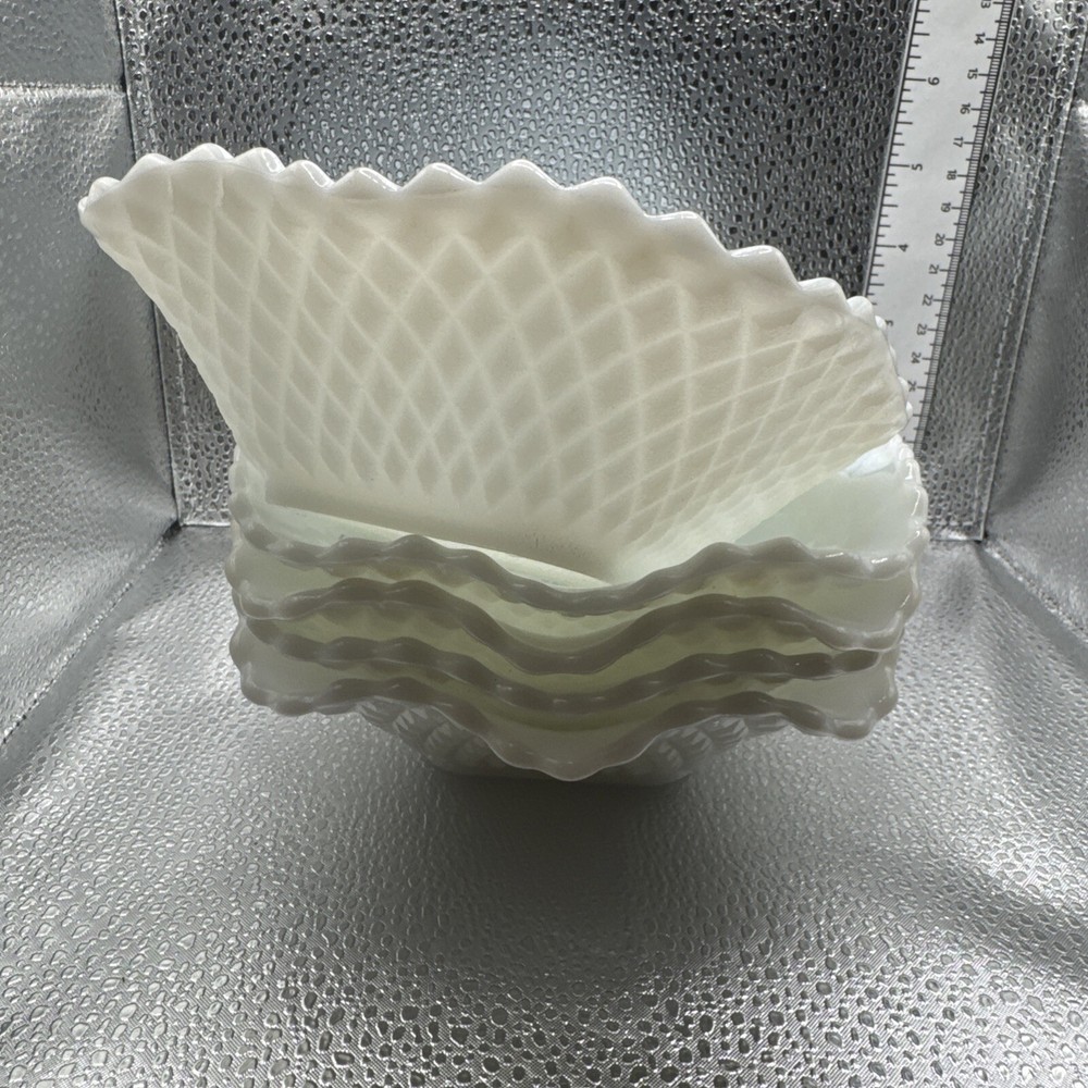 Vintage Hazel Atlas Square Milk Glass Diamond Ruffled Bowls Candy Dish Set Of 5