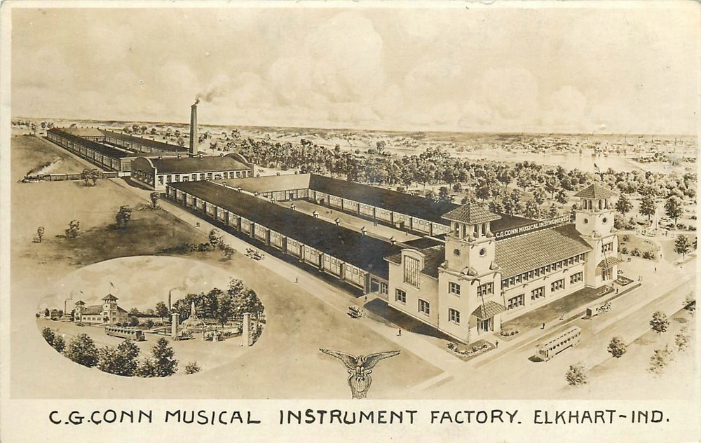 1912 Elkhart Indiana C G Con Musical Instrument Aerial PPC Postcard 25-7167