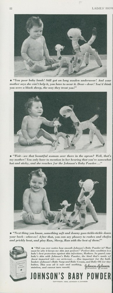 1938 Vintage Johnsons Baby Powder Ad Featuring Soft Lamb Toy LHJ2