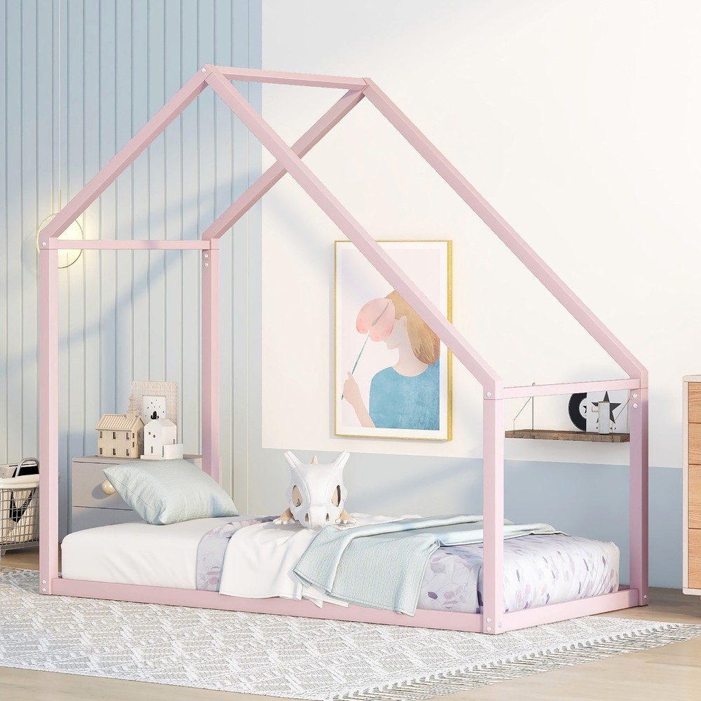 Pink Twin Metal House Bed Frame for Kids