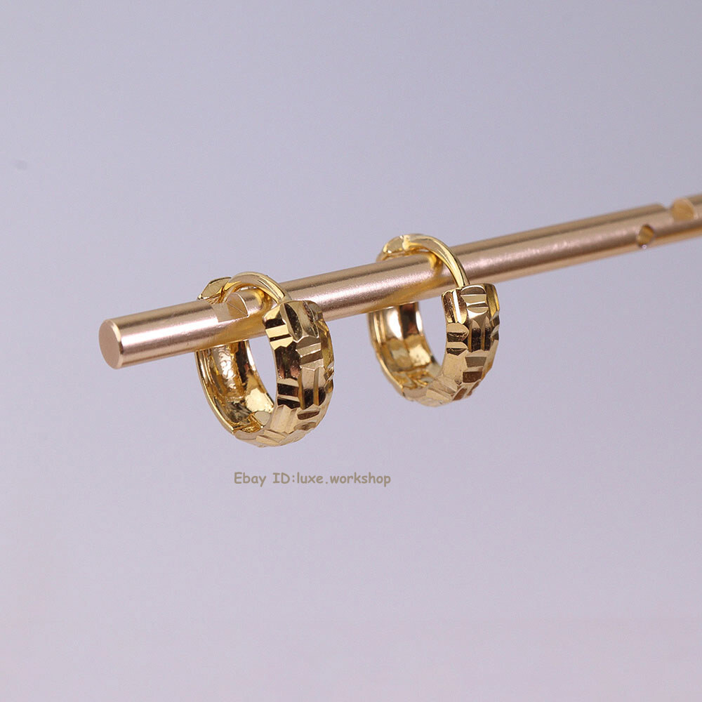 Gold Plated Real 925 Sterling Silver Fine Carved Line Earrings Hoop 0.43inchDia