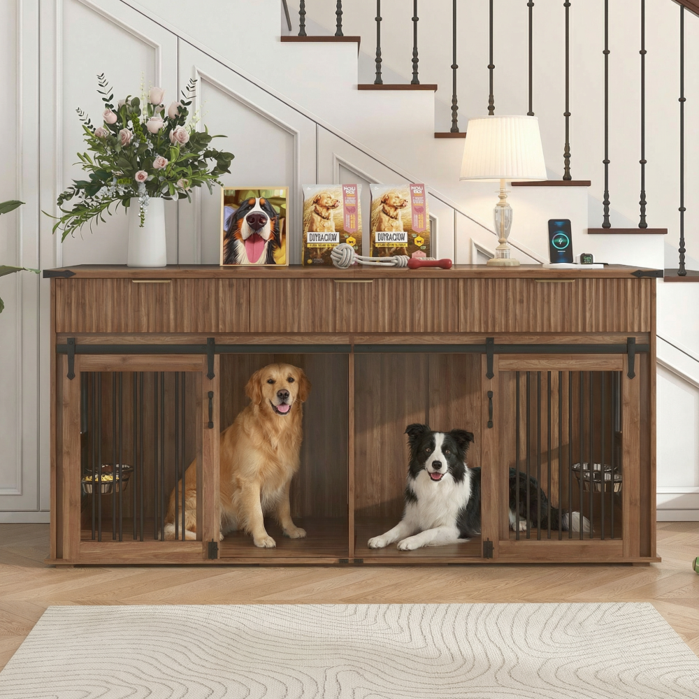 71'' Furniture Style Double Dog Crate with 3 Fluted Drawers and Waterproof