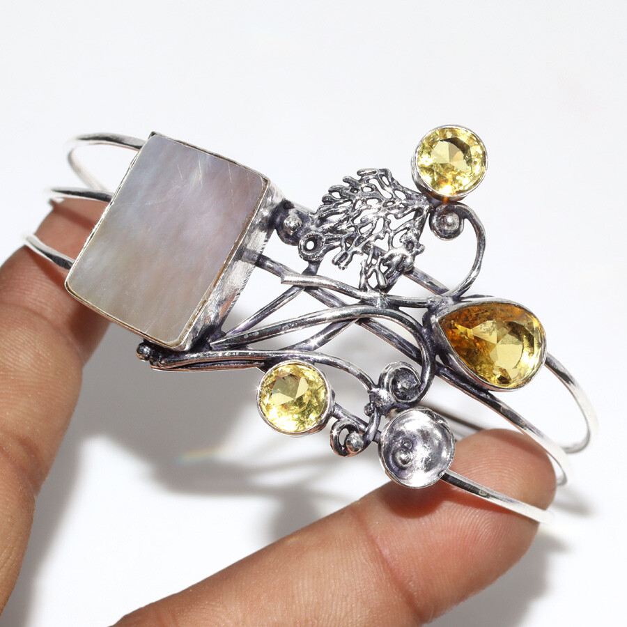 Mother of Pearl Citrine Gemstone Bangle Free Size Elegant Jewelry JW