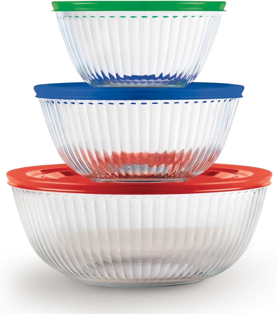 Pyrex 3-Piece Glass Mixing Bowl Set with Lids 1.3QT 2.3QT 6-PC Sculpted Design