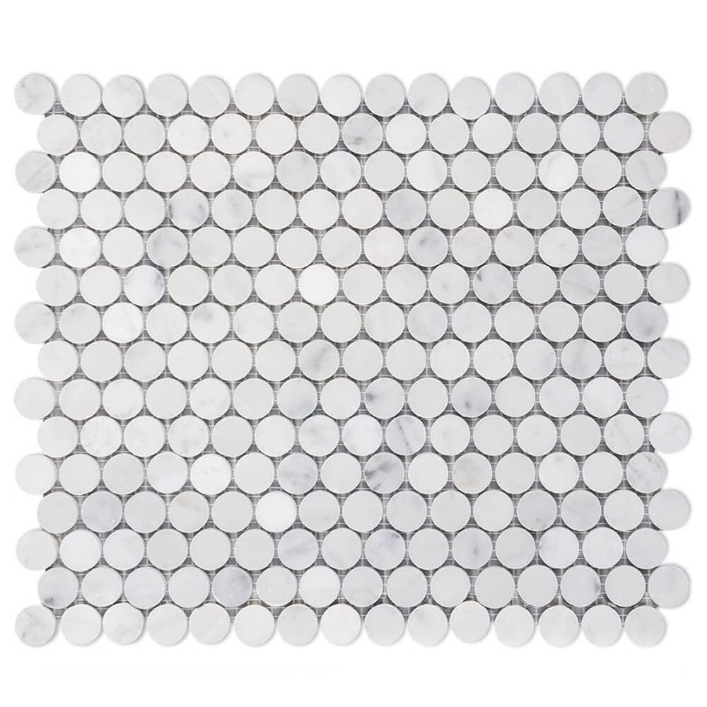 Carrara White Marble Mosaic Tile, 3/4 Inch Penny Round, Polished, Natural Bia...