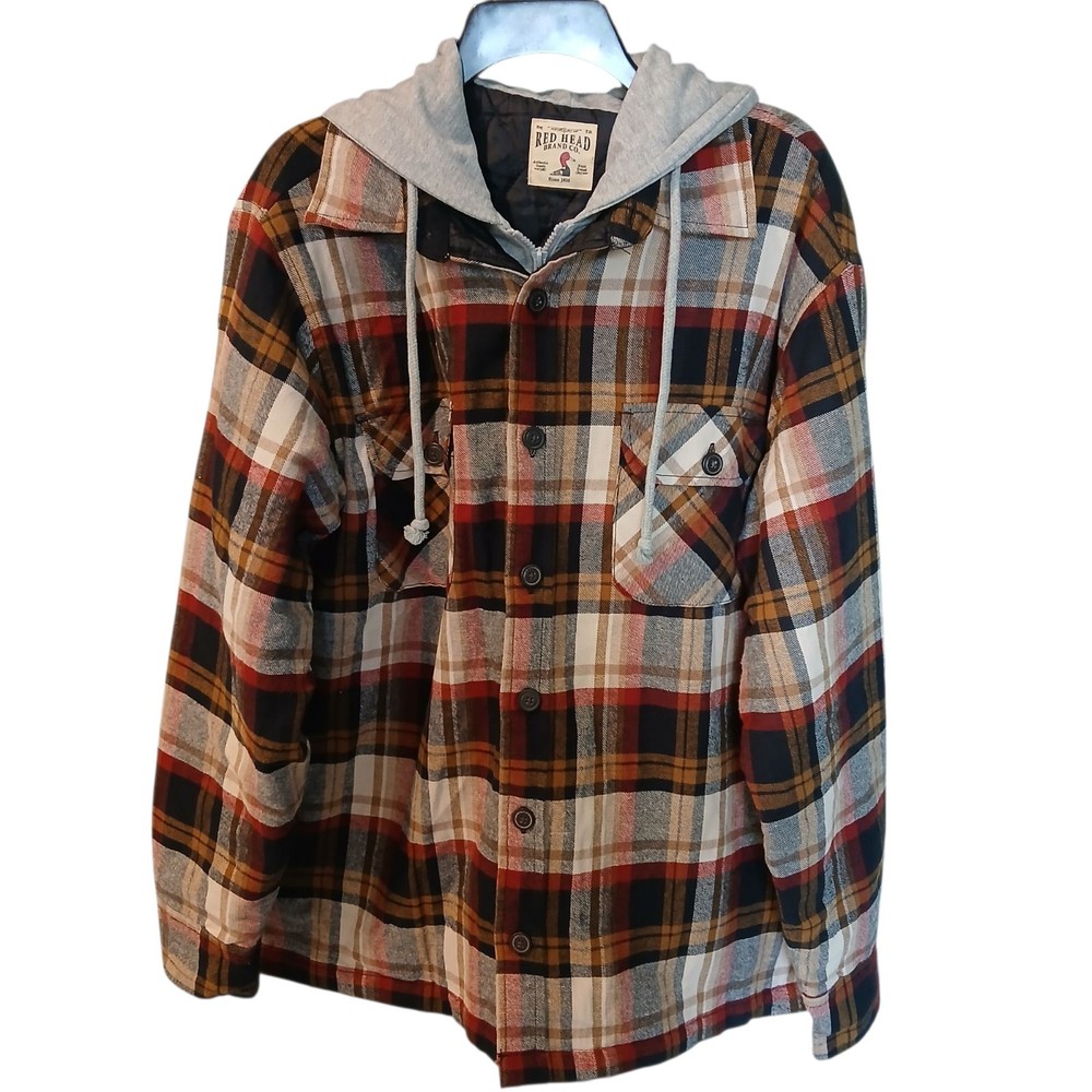 Red Head Lined Flannel Hoodie Jacket for Men - Red Plaid, Size Large, Bass Pro