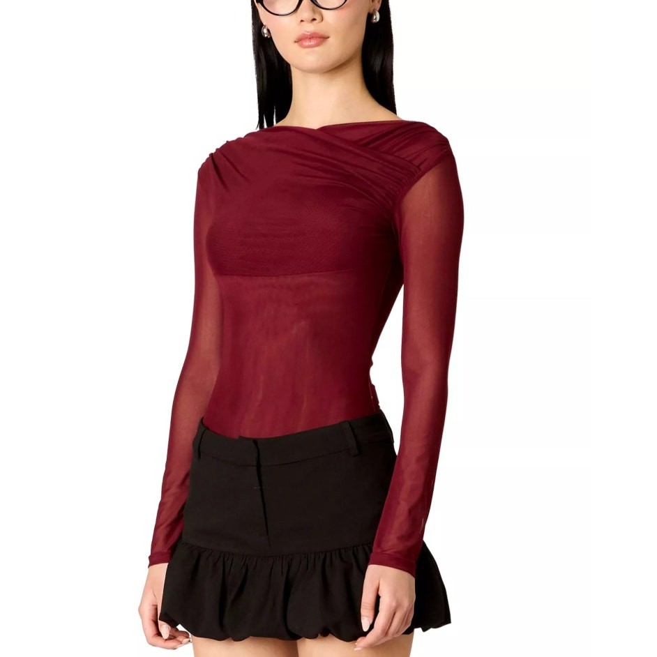 NIA Women Chianti Red Mesh Aria Long Sleeve Crossover Neck Slim Top Size M