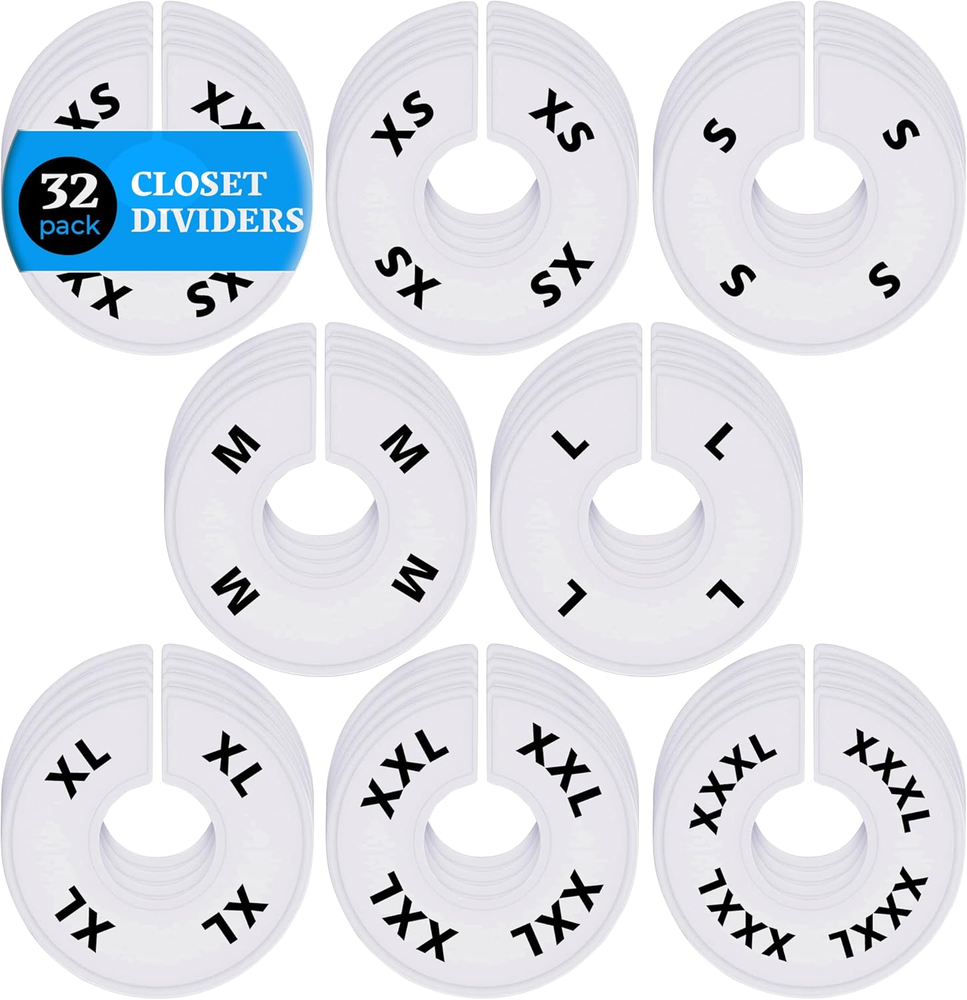 32-Pack White Closet Dividers for Hanging Clothes – Printed Clothing Rack Organizers