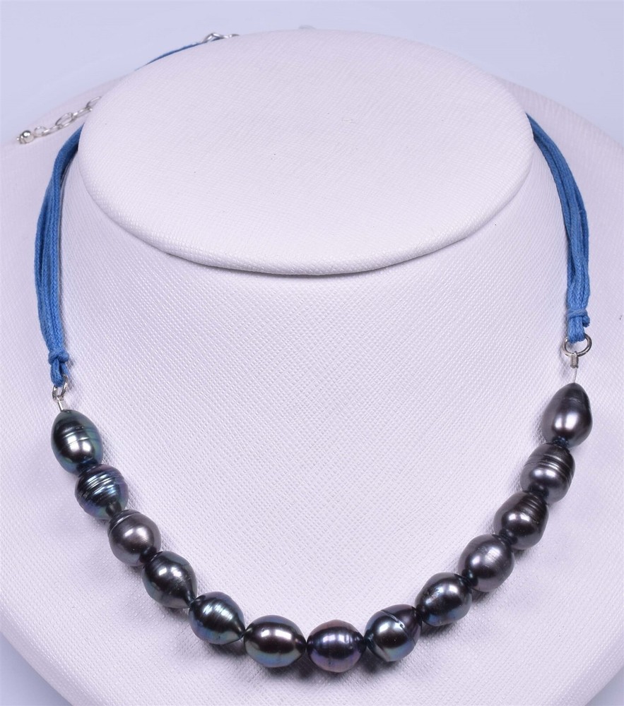 HSN Blue Dyed Fresh Water Cultured Pearl Necklace On Nylon Cord Sterling Ext.