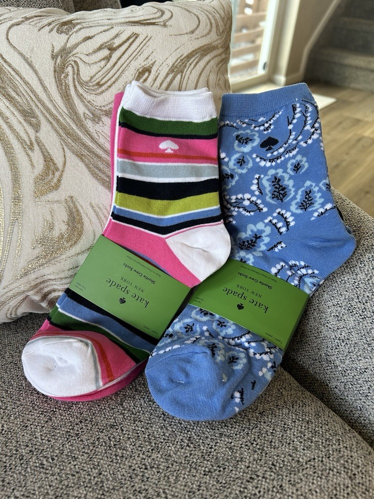 New! Kate Spade New York Womens Shortie Crew Socks, Blue Pink KSNY Spring 🌺💚