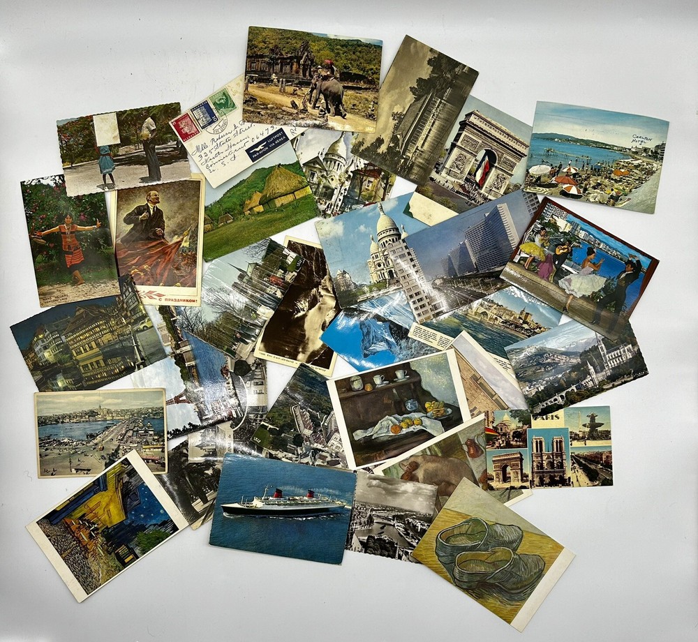 Lot Of 32 Vintage Post Cards Stamp Collection Airmail Hand Written Worldwide