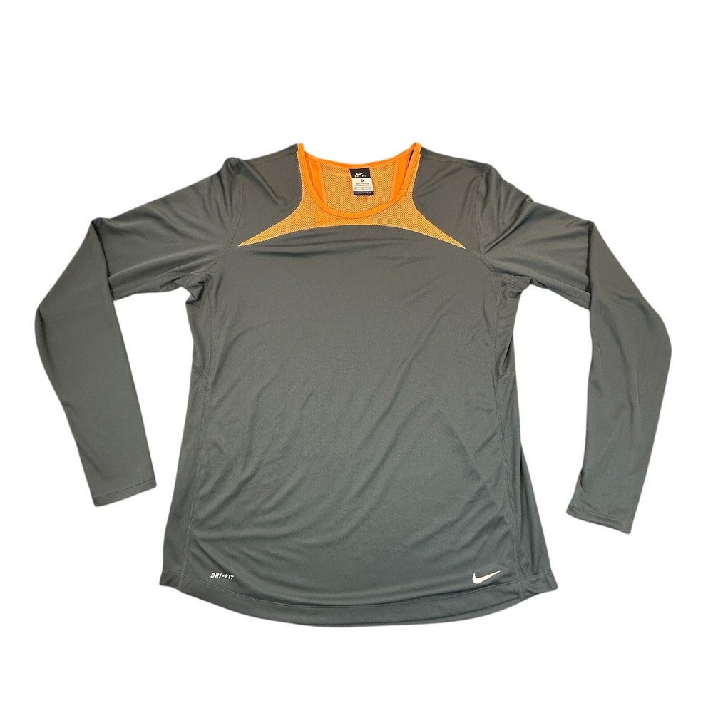 Nike Shirt Womens Large Grey Orange Young and Fast Dri Fit Performance Active