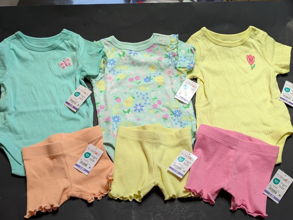 NWT Garanimals Baby Girl 6-Pc Summer Bundle Size 0-3M Bodysuits Shorts Set