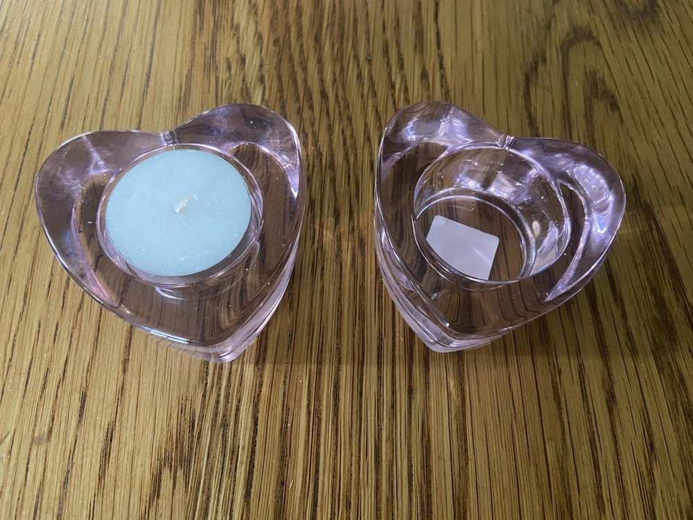 2PC Crate And Barrel Tealight Votive Light Pink Heart Glass Candle Holders Pair