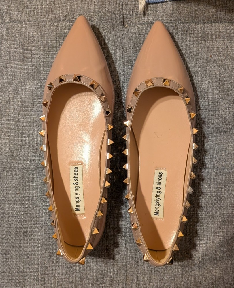 Beige Patent Leather Pointy Ballet Flats with Gold Color Stud Detail Size 39