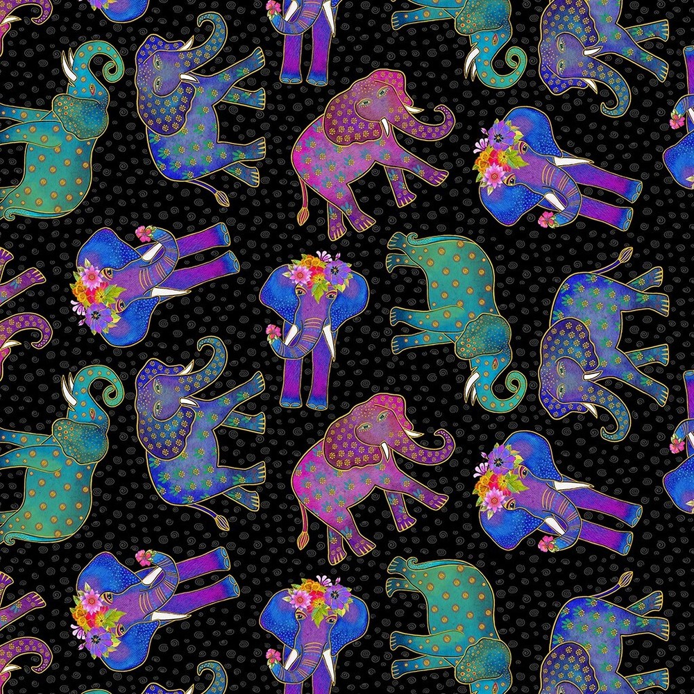 Laurel Burch Earth Song Elephant Toss on Black Fabric By the FQ - 1/4 YD