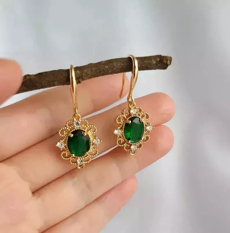 4Ct Oval Simulated Emerald Pretty Drop/Dangle Earrings14KYellow Gold Over Silver