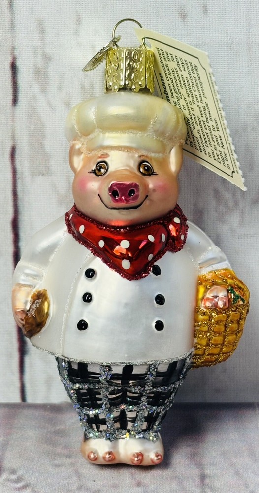 OWC Old World Christmas Chef Hambone Pig with Fruit Basket Glass Ornament 3