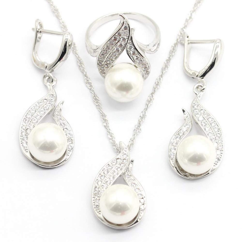 White Freshwater Pearl Jewelry Set for Women Silver white gold plated Necklac...