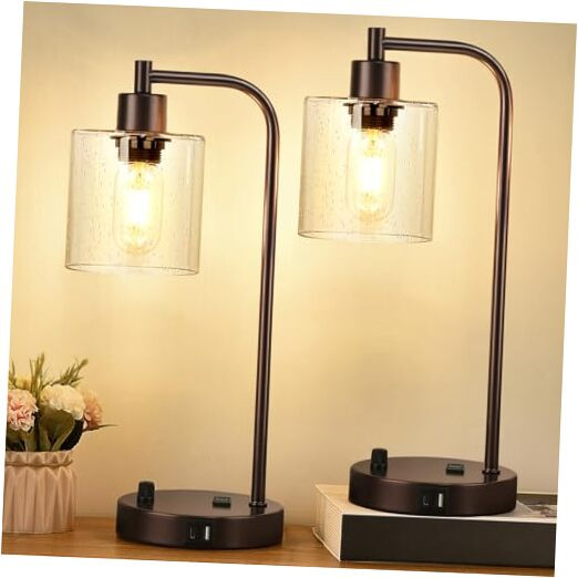 Set of 2 Stepless Oil Rubbed Bronze Table Lamps with Dual USB Ports