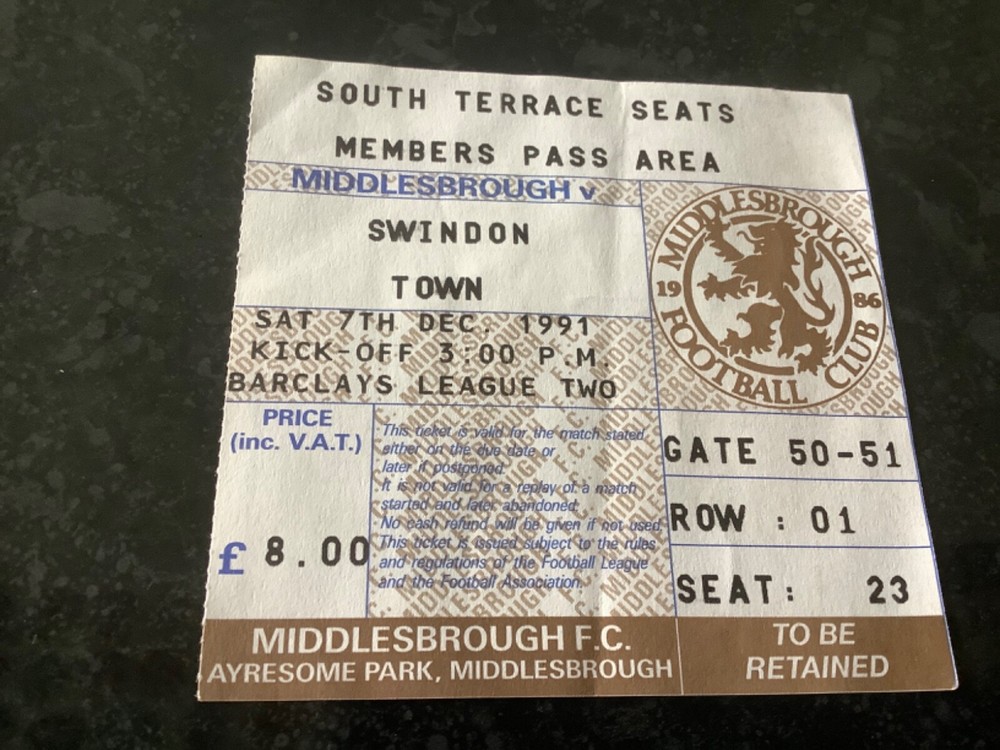 Middlesbrough vs Swindon Town 1991 League 2 Match Ticket Stub-image