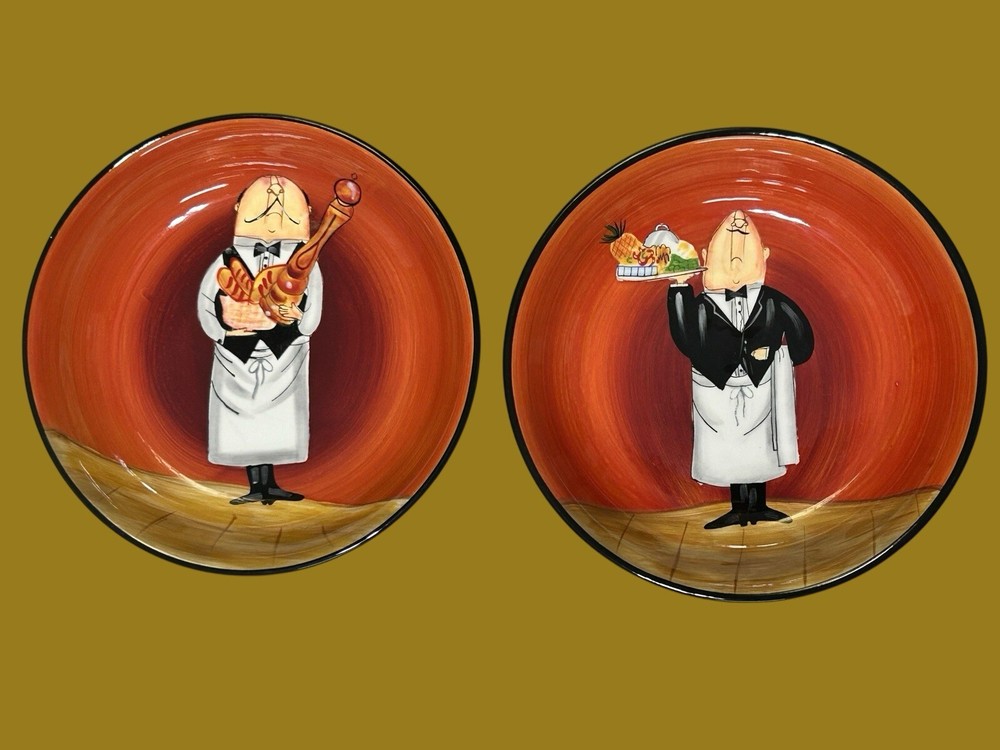 (2) Dinner Is Served Bistro Waiter Chef 9.5” Bowl Set By Certified International