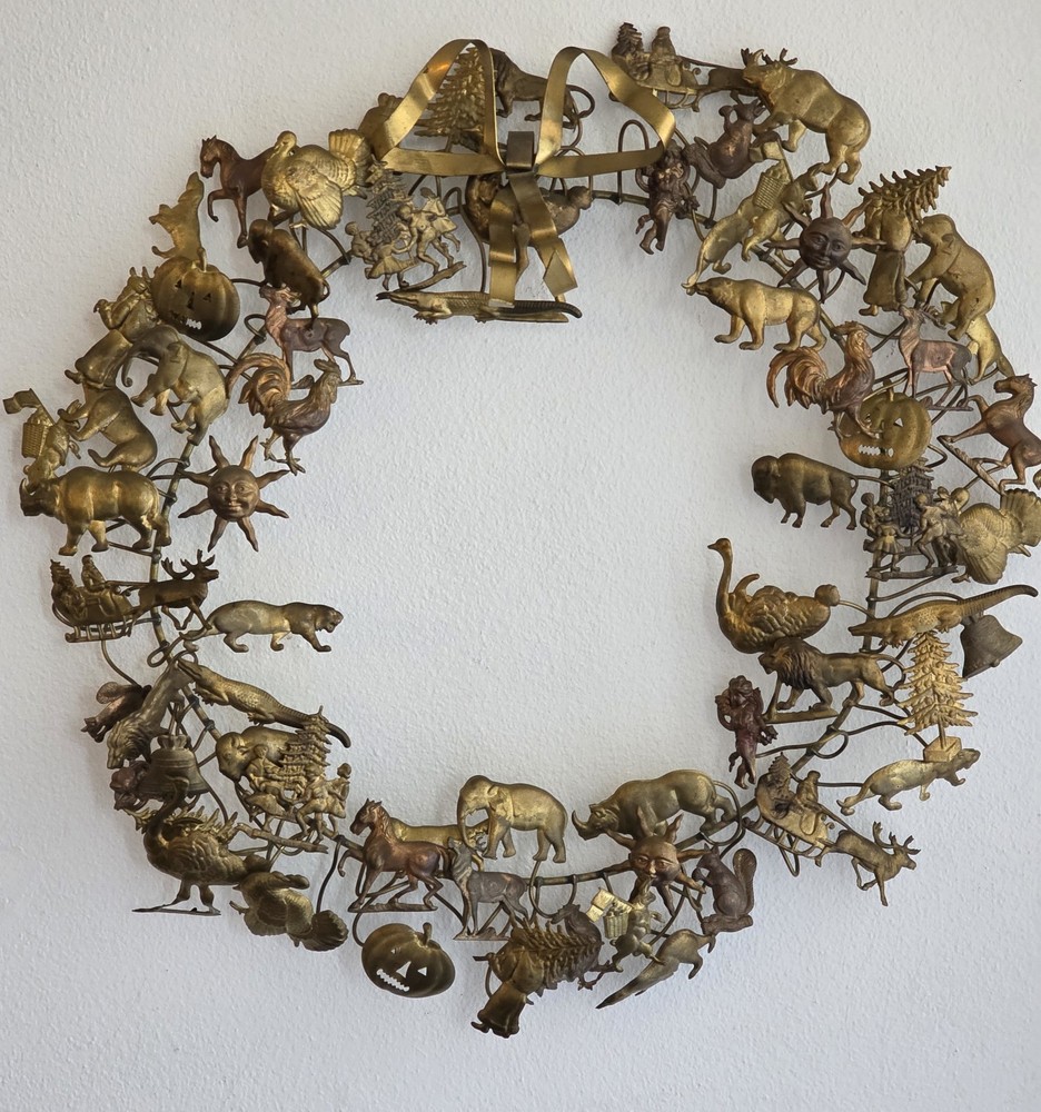 Vintage German Dresden Brass Animal Wreath 16 Inch Holiday Decor