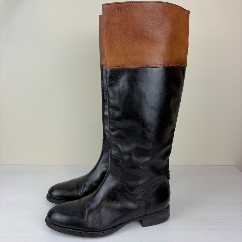 Geox Respira Womens Riding Boots Pull On Black Tan Leather Size 8 US EU 38 Horse