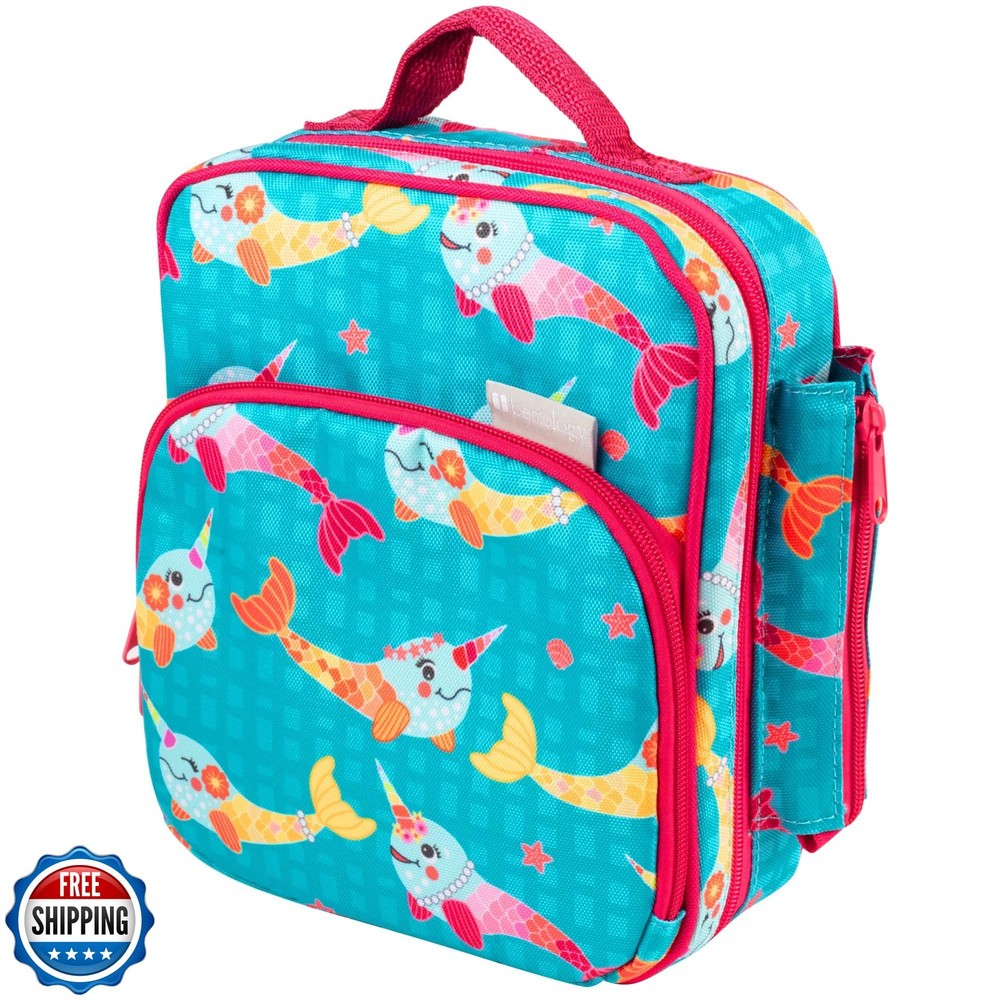 Insulated Kids Lunch Bag with Snack Pocket and Water Bottle Holder - Narwhal Design