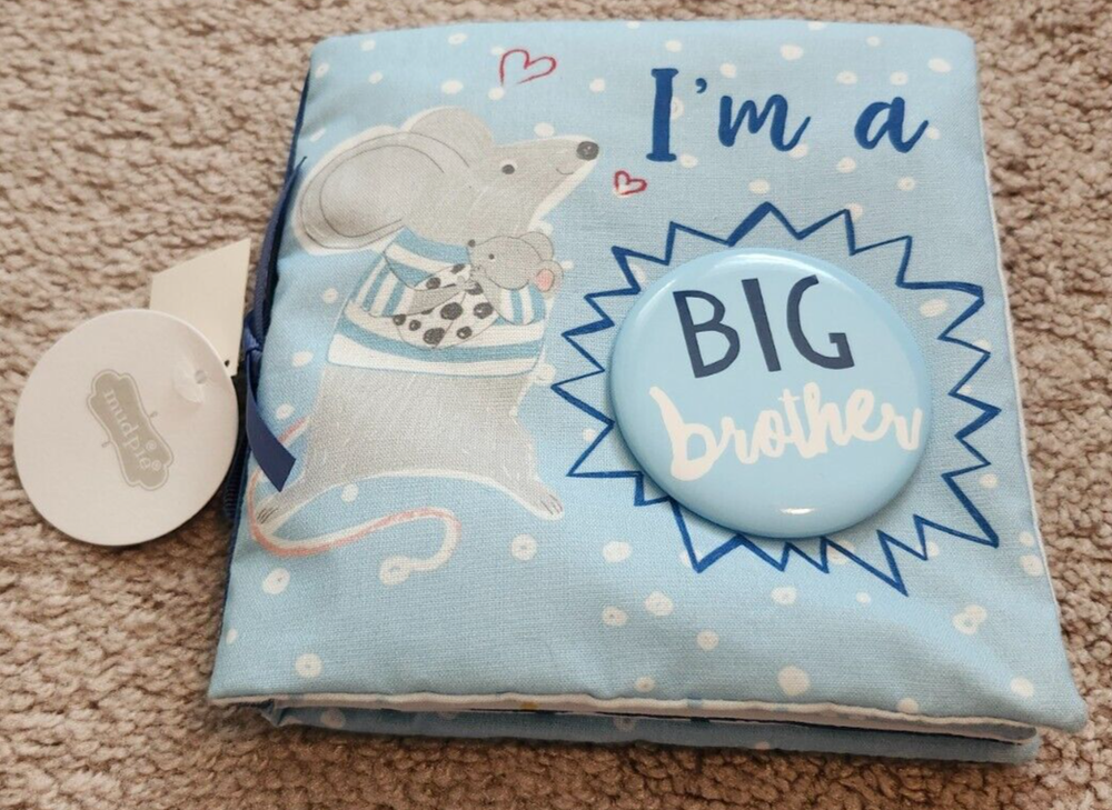 NEW NWT MUDPIE I'm a BIG BROTHER SOFT BOOK & PIN SET BABY BOOK BLUE MOUSE GIFT