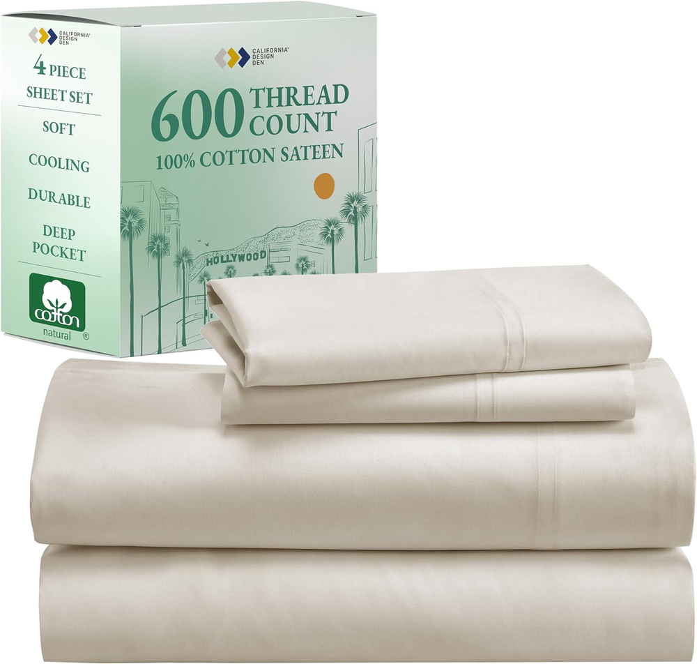Luxury Queen Size Sheet Set - 100% Cotton, 600 Thread Count Deep Pocket, Hotel-Q