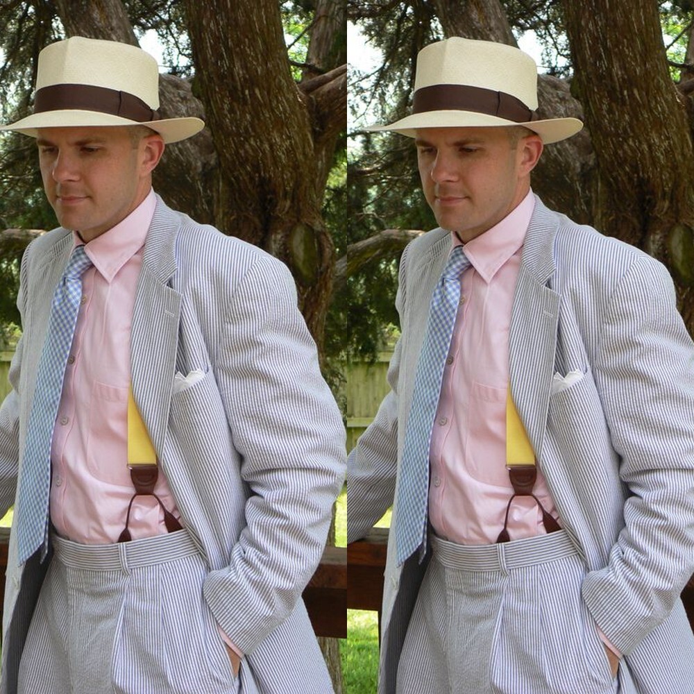 Blue Seersucker Mens Suit Casual Summer Beach Wedding Groom Tuxedo 2-Piece Set