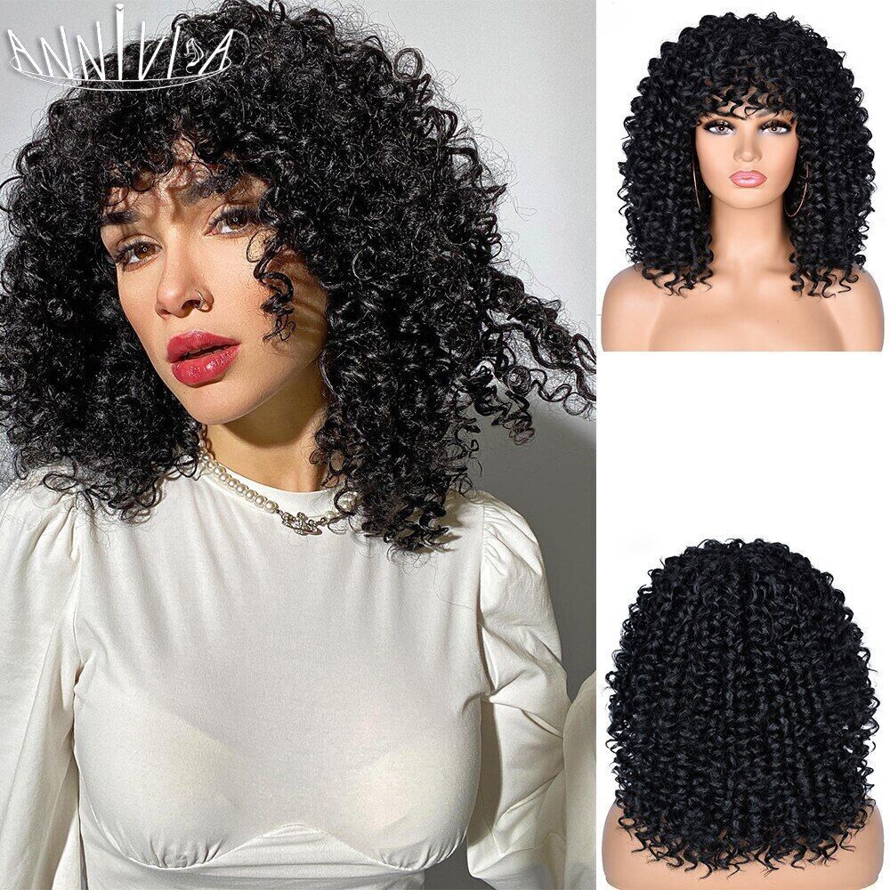 Kinky Curly Short Synthetic Wig With Bangs for Black Women Glueless Cosplay