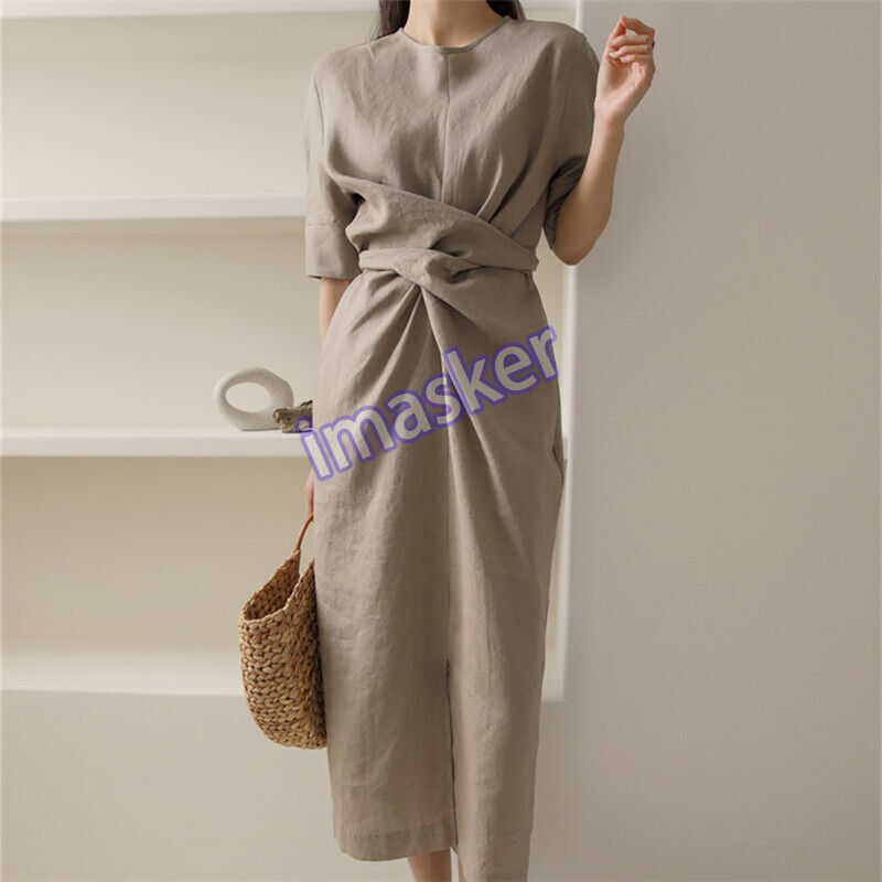 Fashion Womens Korean Style Waist Twisted Pleated Cotton Linen Dresses Summer