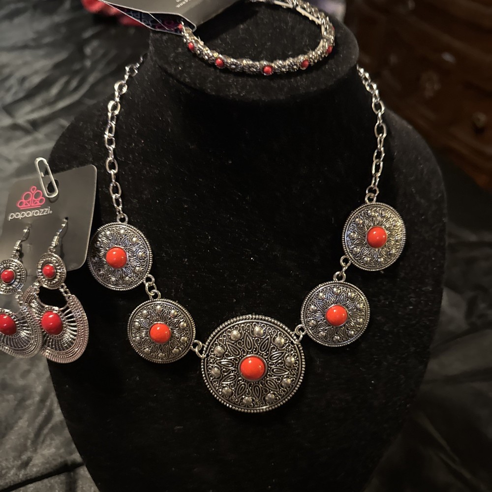 Paparazzi Jewelry Set Beautiful Red & Silver Necklace, Bracelet,Earrings