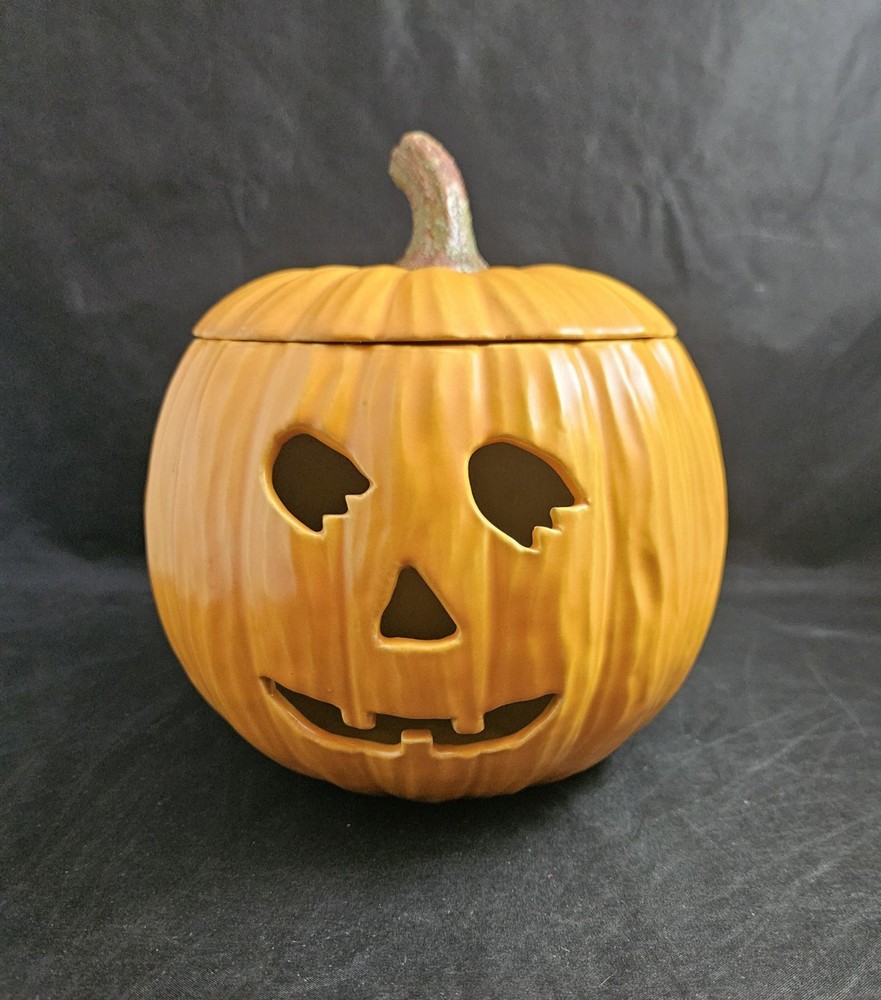 Vintage 1980 Ceramic Pumpkin Halloween Jack-O-Lantern Candle Holder 7 Inch