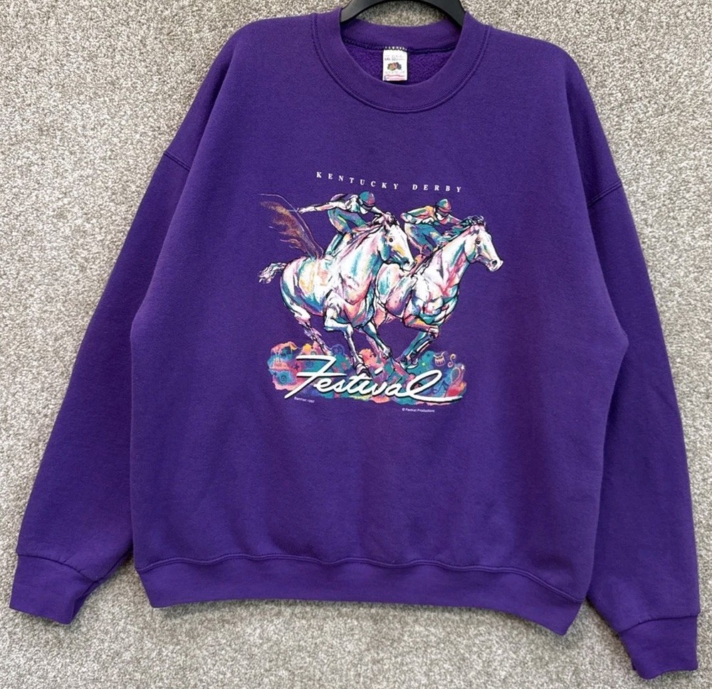 Vintage 90s Mens 2XL Purple Kentucky Derby Horse Racing Crewneck Sweatshirt USA