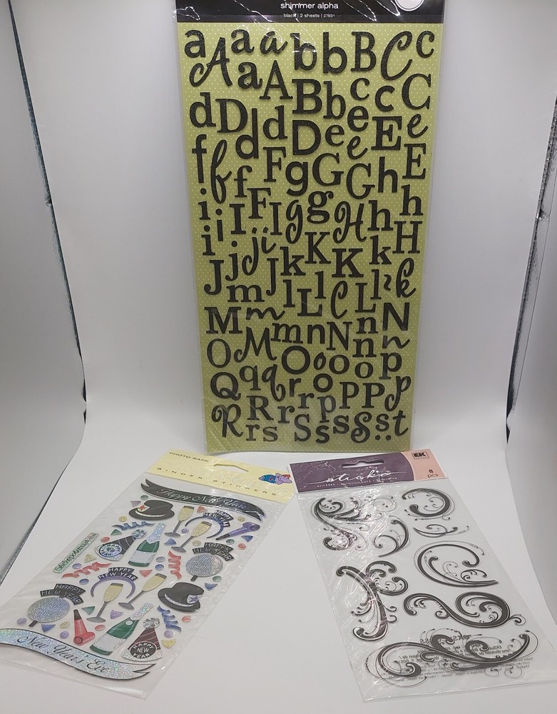 SCRAPBOOK NEW YEARS Lot Of 3 Binder Stickers Lettering And Graphic Swirls-image