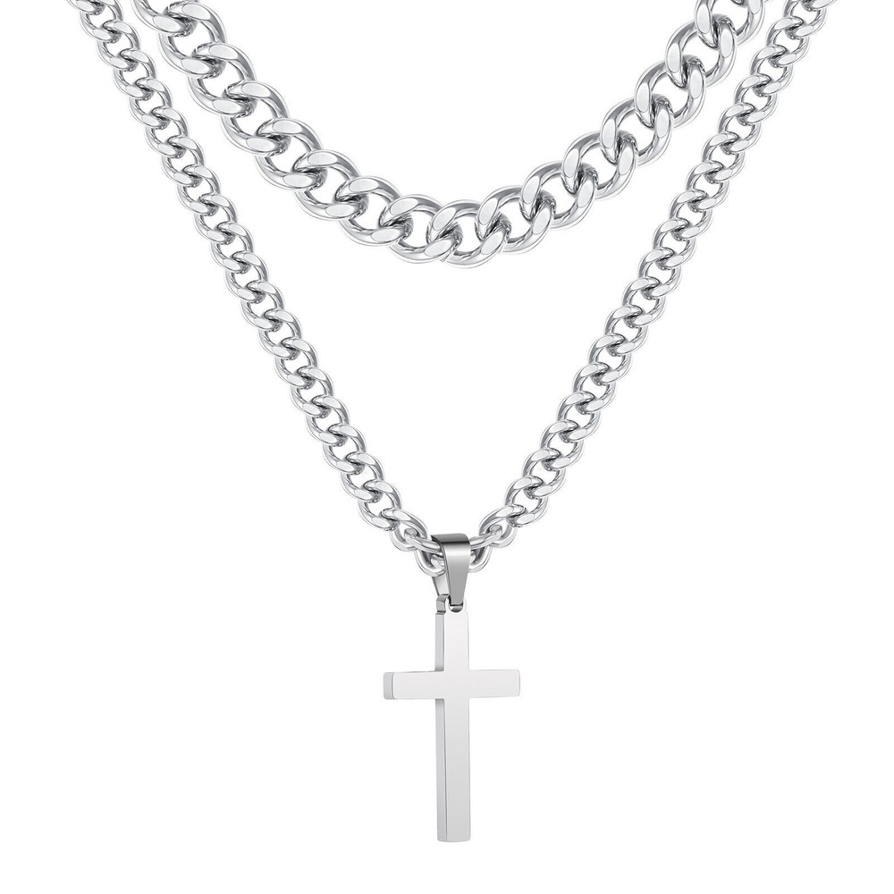 Layered Cross Necklace for Men Boys Stainless Steel Cuban Link Pendant Chain Set