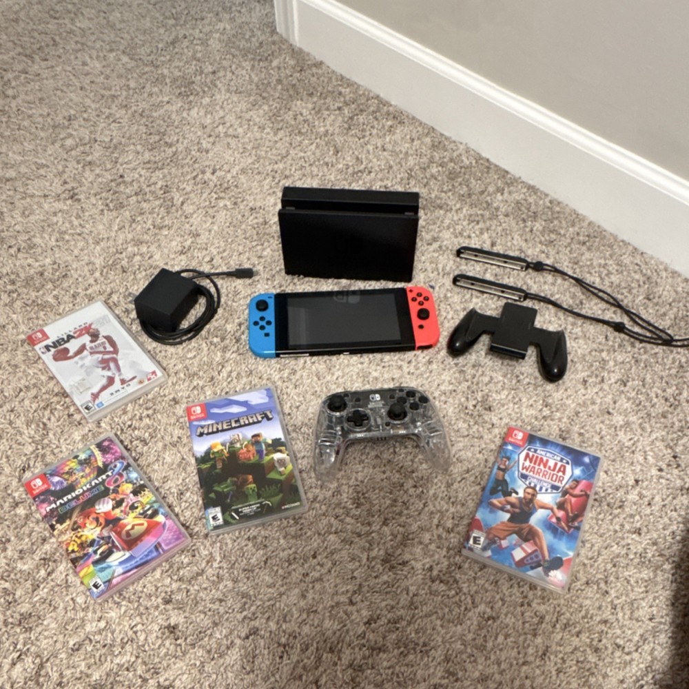 Nintendo Switch Console Lot with Controllers, Charger, Dock, 5 Games (Mario, Mi…