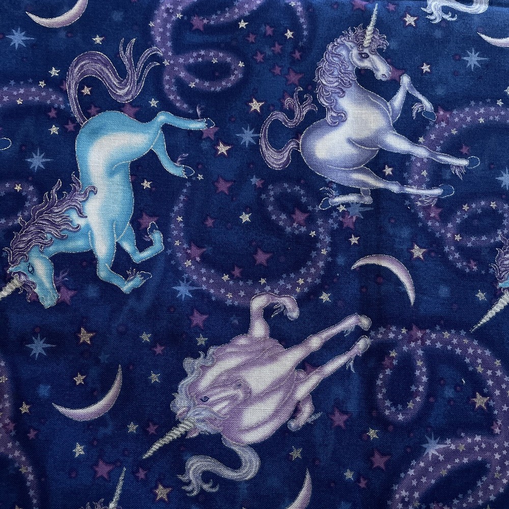 blue purple celestial moon stars unicorns timeless treasures 0.9 yards