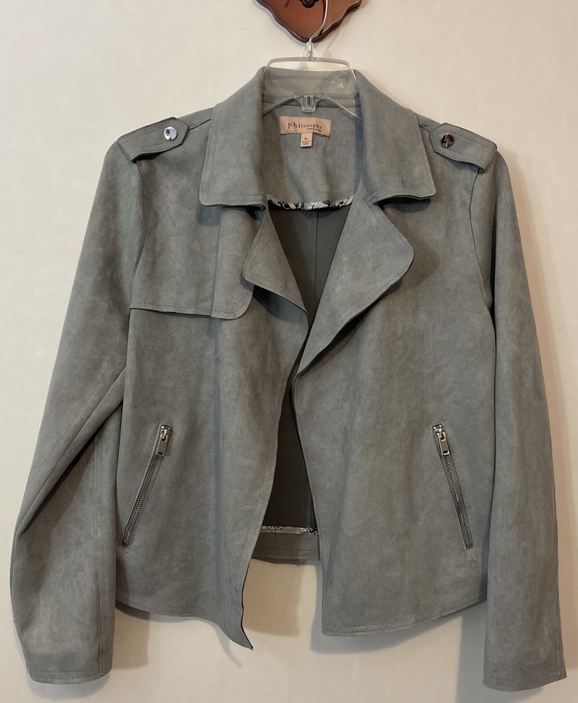 Philosophy Womens XL Gray Open-Front Velour Zip-Pocket Collared Jacket! A6599