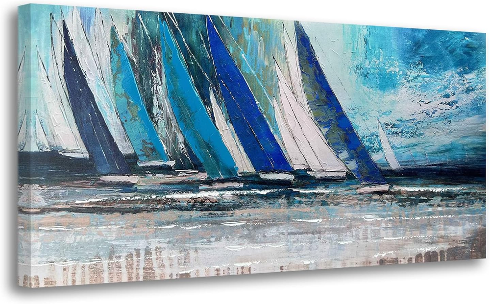 Blue Abstract Wall Art Canvas Teal Ocean Sailboat Picture Modern Turquoise Coast