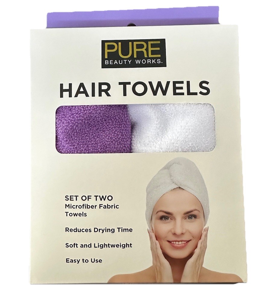 Pure Beauty Works Hair Towels Set Of 2 Microfiber Towels Purple & White NEW 🆕