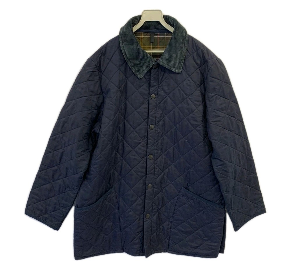 Barbour Quilted Jacket Mens L 48” Chest Navy Corduroy Collar Snap Button #129